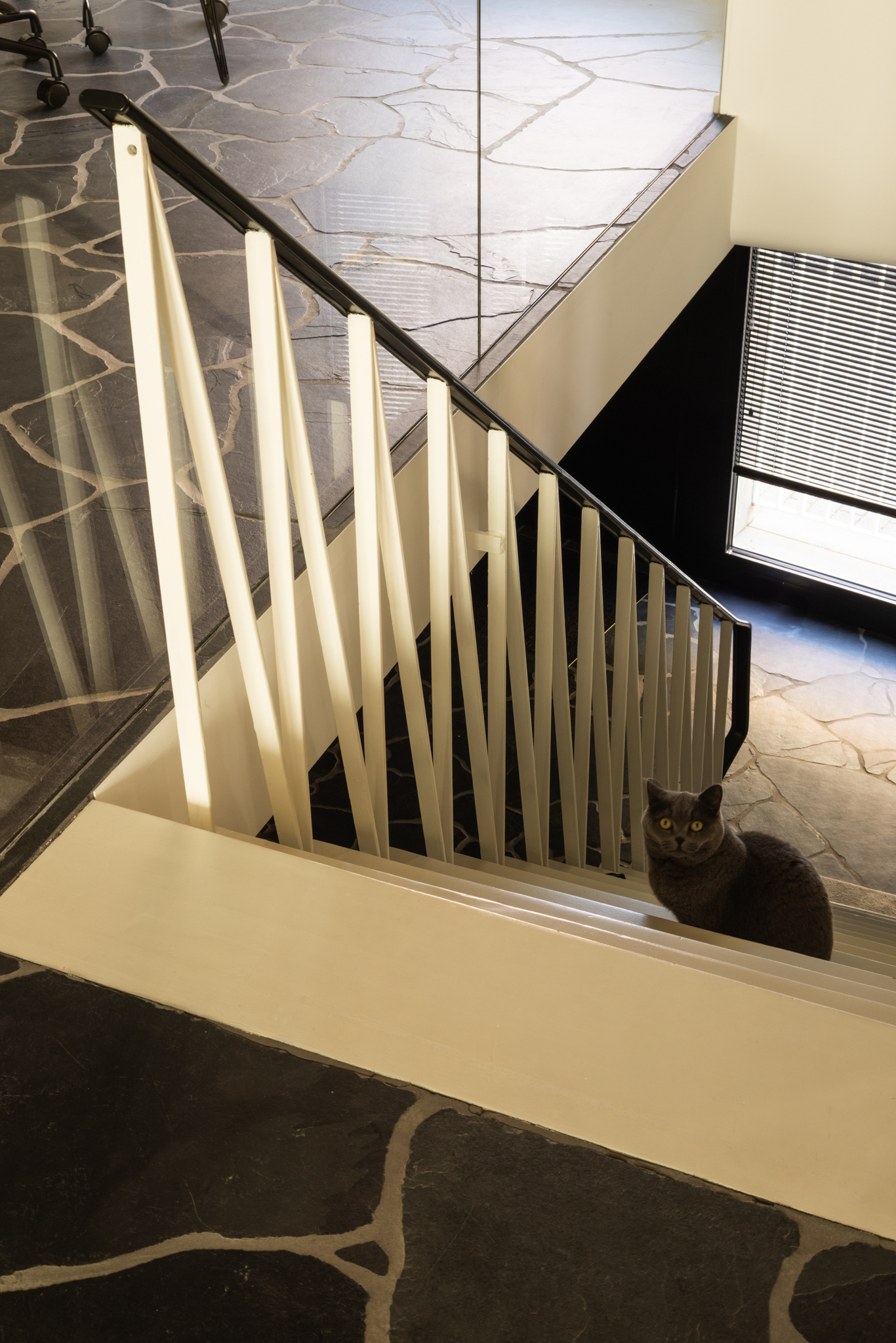 sol pierre naturelle noire dans une rénovation à Bruxelles, main courante en acier années 30